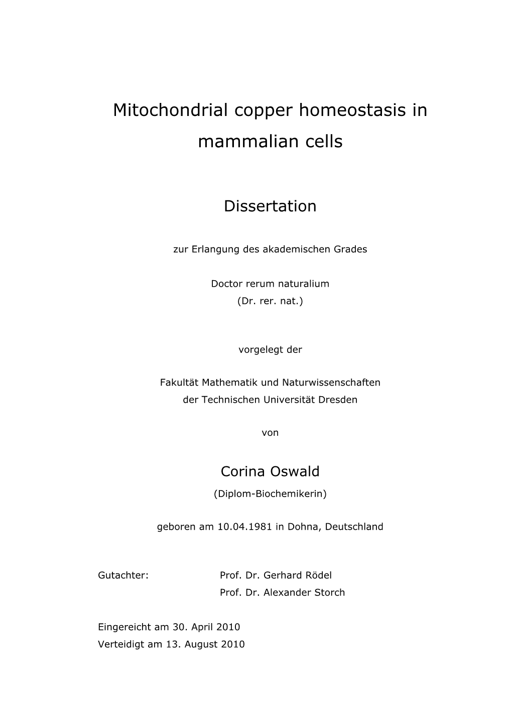 Mitochondrial Copper Homeostasis in Mammalian Cells