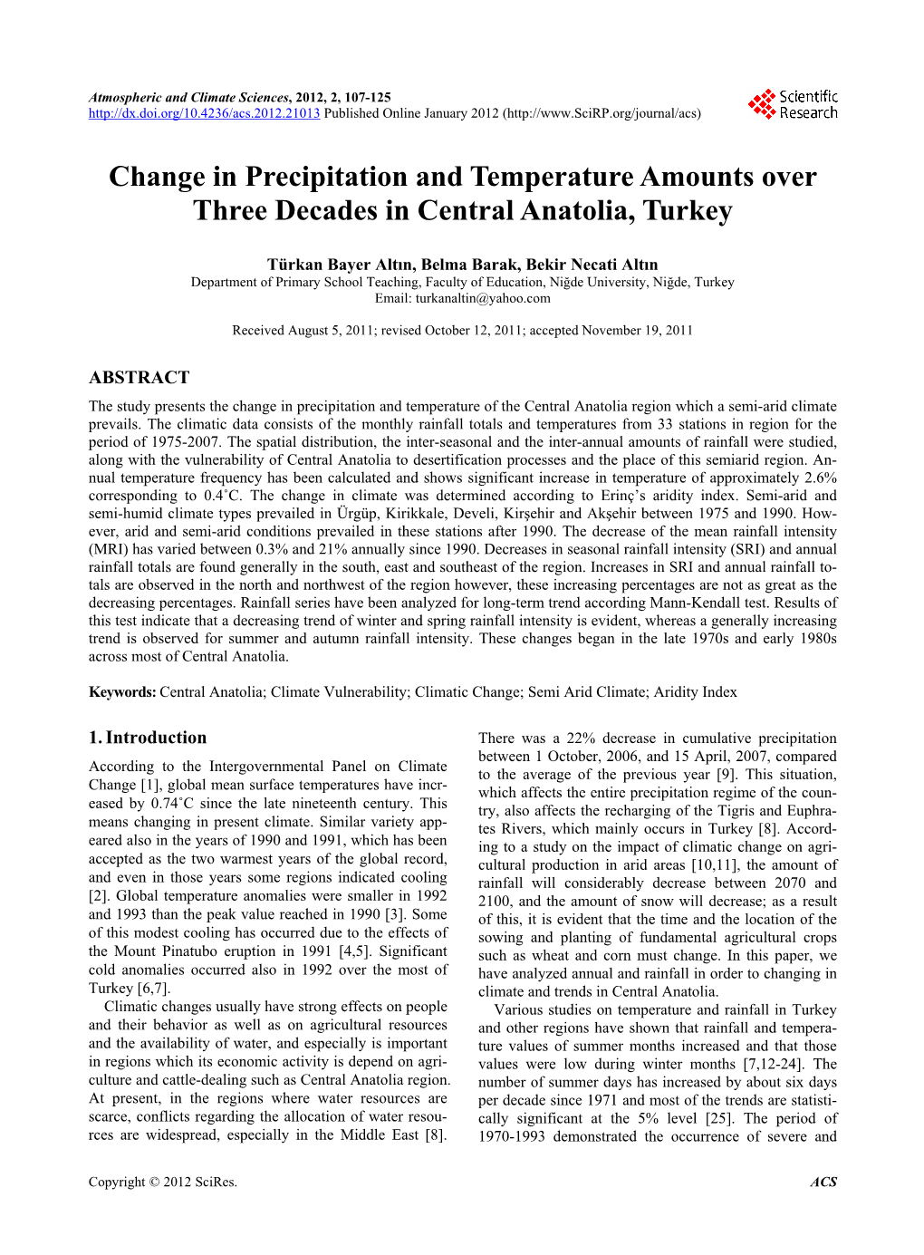 Change in Precipitation and Temperature Amounts Over Three Decades in Central Anatolia, Turkey