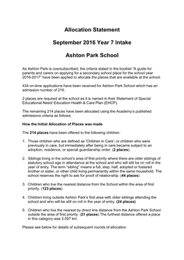 Allocation Statement September 2016 Year 7 Intake Ashton Park School
