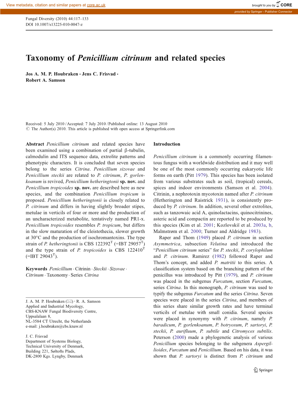 Taxonomy of Penicillium Citrinum and Related Species