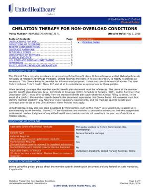 CHELATION THERAPY for NON-OVERLOAD CONDITIONS Policy Number: REHABILITATION 015.25 T1 Effective Date: May 1, 2018