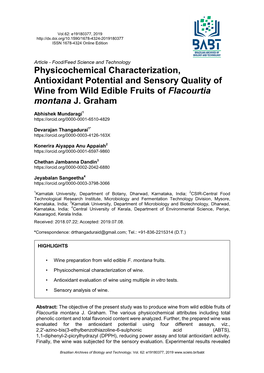 Physicochemical Characterization, Antioxidant Potential and Sensory Quality of Wine from Wild Edible Fruits of Flacourtia Montana J
