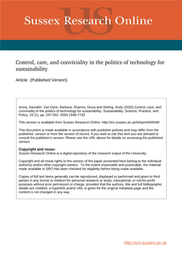 Control, Care, and Conviviality in the Politics of Technology for Sustainability
