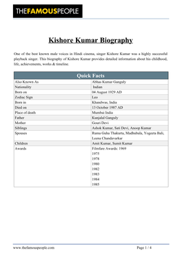 Kishore Kumar Biography