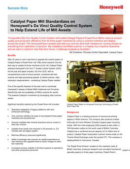 Catalyst Paper Mill Standardizes on Honeywell’S Da Vinci Quality Control System to Help Extend Life of Mill Assets