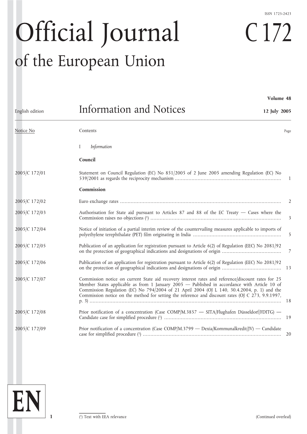 Official Journal C172 of the European Union