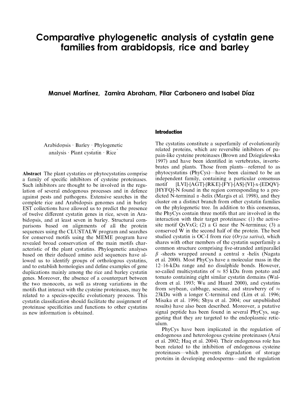 Comparative Phylogenetic Analysis of Cystatin Gene Families from Arabidopsis, Rice and Barley