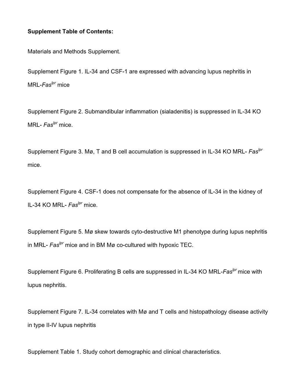 Supplement Table of Contents