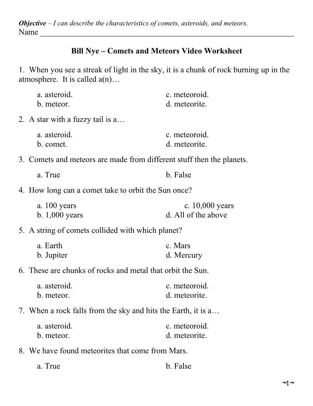 Bill Nye Comets and Meteors Video Worksheet