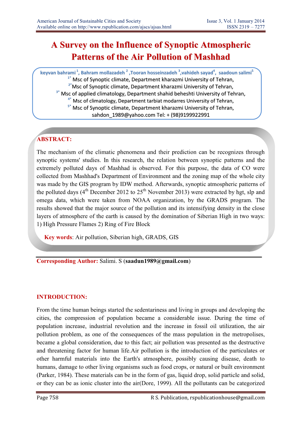 American Journal of Sustainable Cities and Society Issue 3, Vol. 1 January 2014 Available Online on ISSN 2319 – 7277