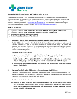 SUMMARY of the PUBLIC BOARD MEETING – October 14, 2011