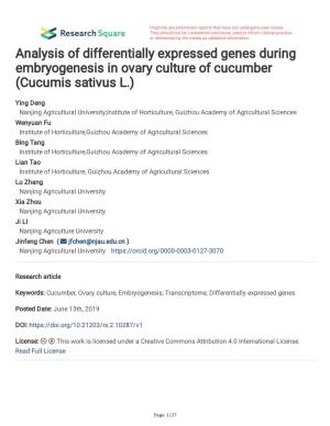 Analysis of Differentially Expressed Genes During Embryogenesis in Ovary Culture of Cucumber (Cucumis Sativus L.)
