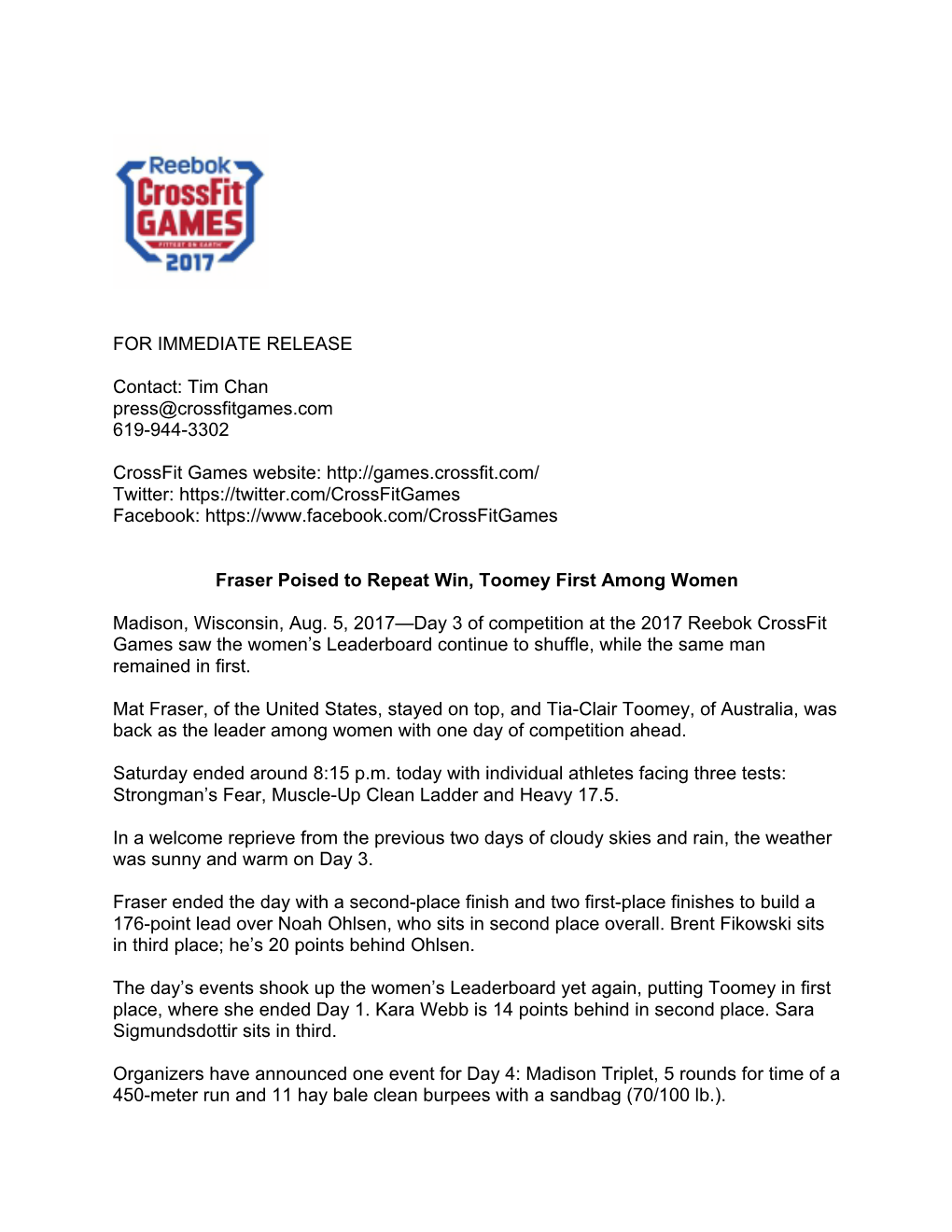 FOR IMMEDIATE RELEASE Contact: Tim Chan Press@Crossfitgames