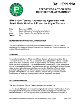 Bike Share Toronto - Advertising Agreement with Astral Media Outdoor L.P