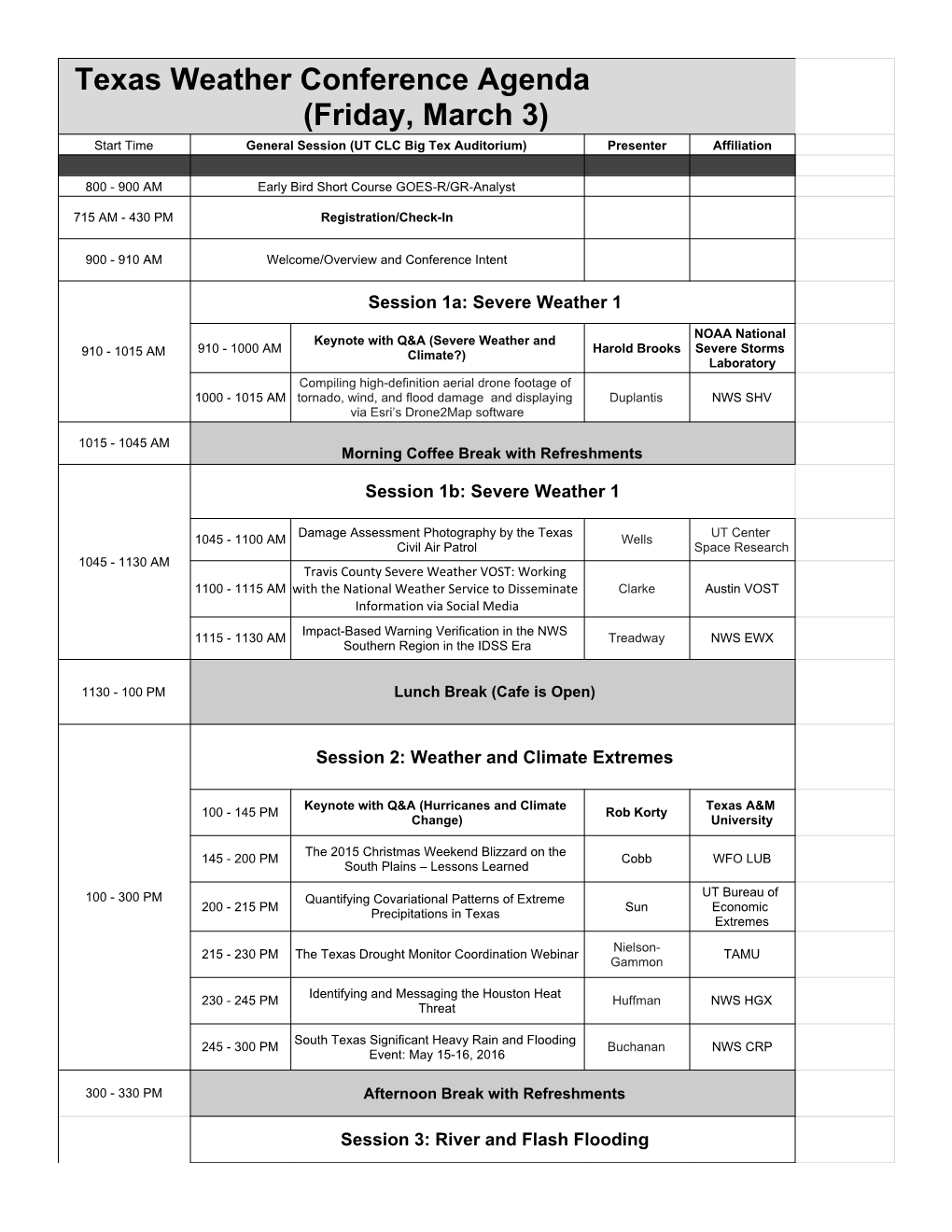 Texas Weather Conference Agenda (Friday, March 3) Start Time General Session (UT CLC Big Tex Auditorium) Presenter Affiliation