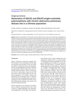 Original Article Association of EGLN1 and EGLN3 Single-Nucleotide Polymorphisms with Chronic Obstructive Pulmonary Disease Risk in a Chinese Population