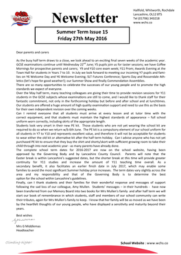 Newsletter Summer Term Issue 15 Friday 27Th May 2016