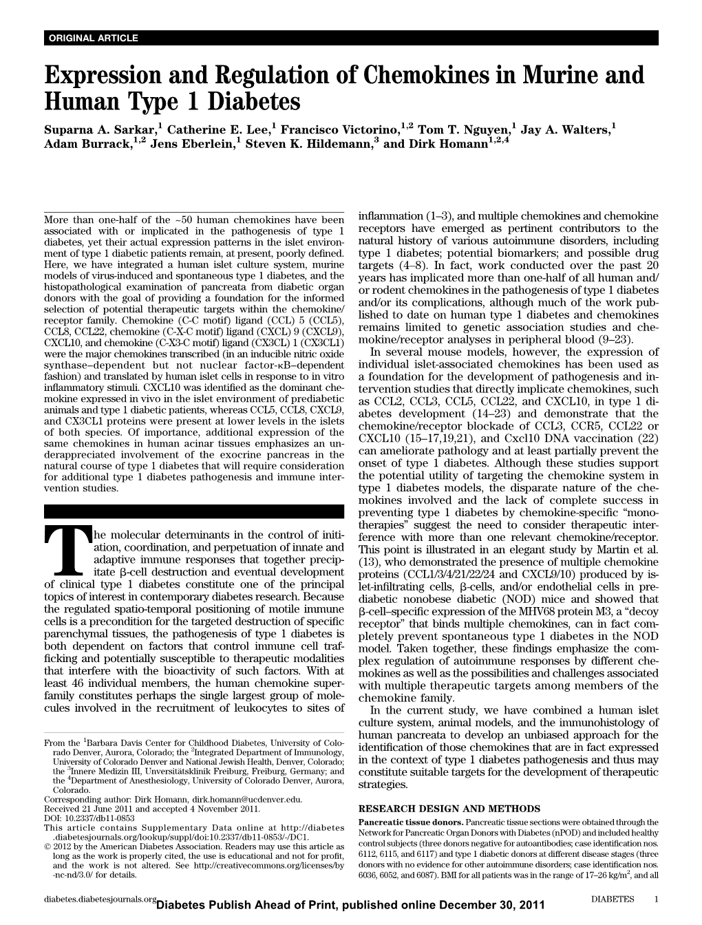 Expression and Regulation of Chemokines in Murine and Human Type 1 Diabetes Suparna A