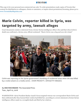 Marie Colvin, Reporter Killed in Syria, Was Targeted by Army, Lawsuit Alleges