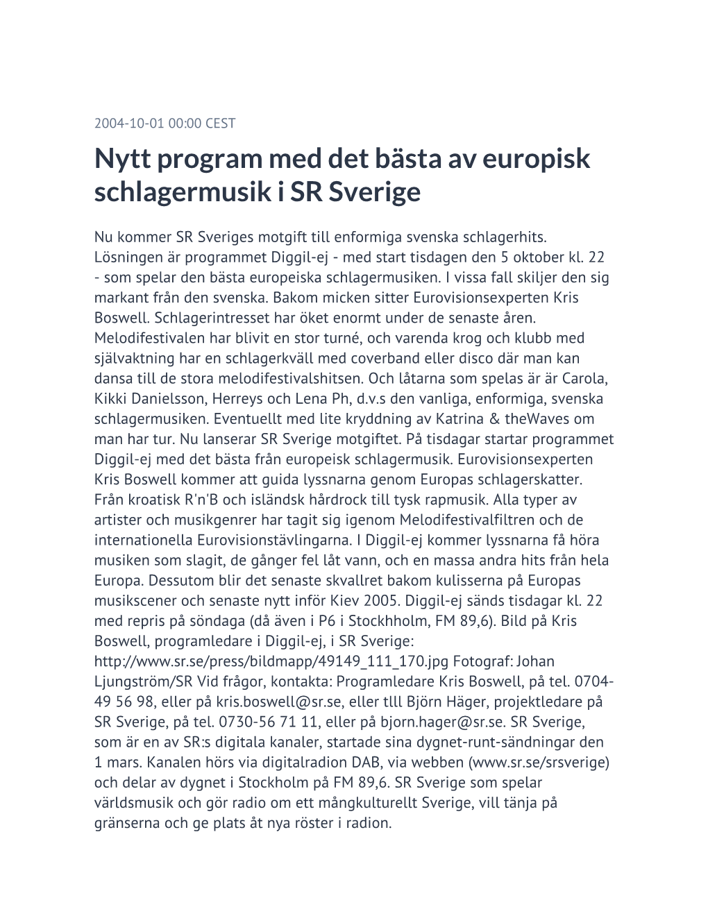 Nytt Program Med Det Bästa Av Europisk Schlagermusik I SR Sverige