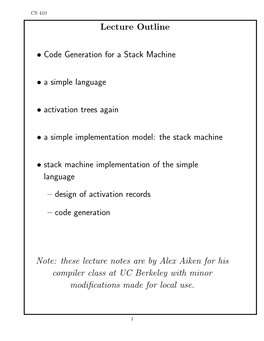 Code Generation for a Stack Machine •