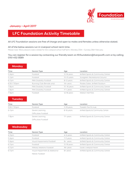 LFC Foundation Activity Timetable