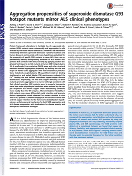 Aggregation Propensities of Superoxide Dismutase G93 Hotspot Mutants Mirror ALS Clinical Phenotypes