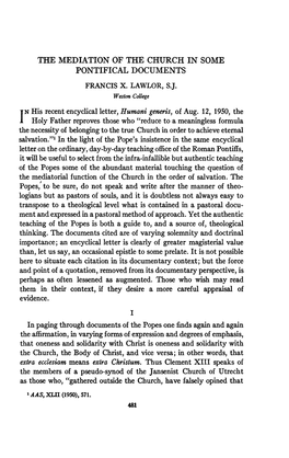 The Mediation of the Church in Some Pontifical Documents Francis X