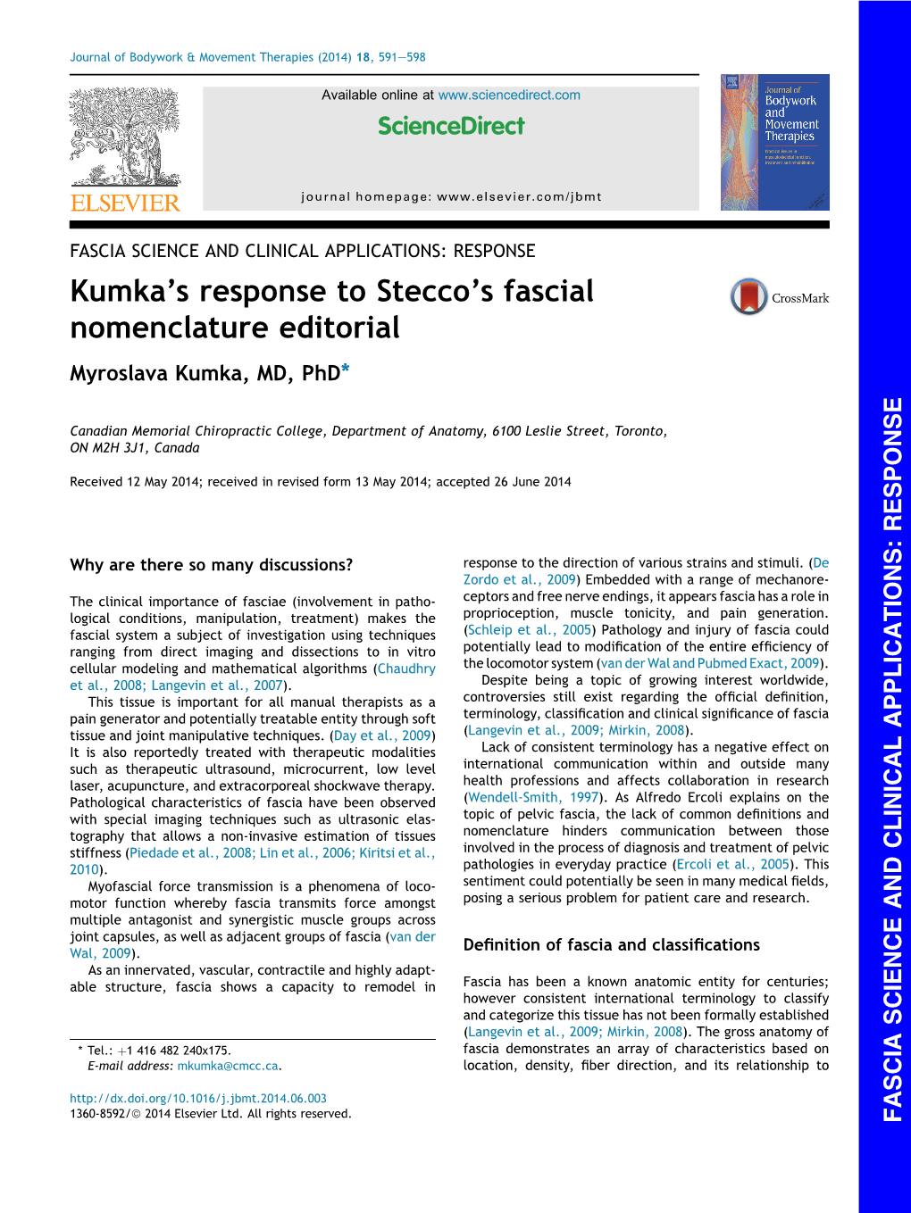 Kumka's Response to Stecco's Fascial Nomenclature Editorial