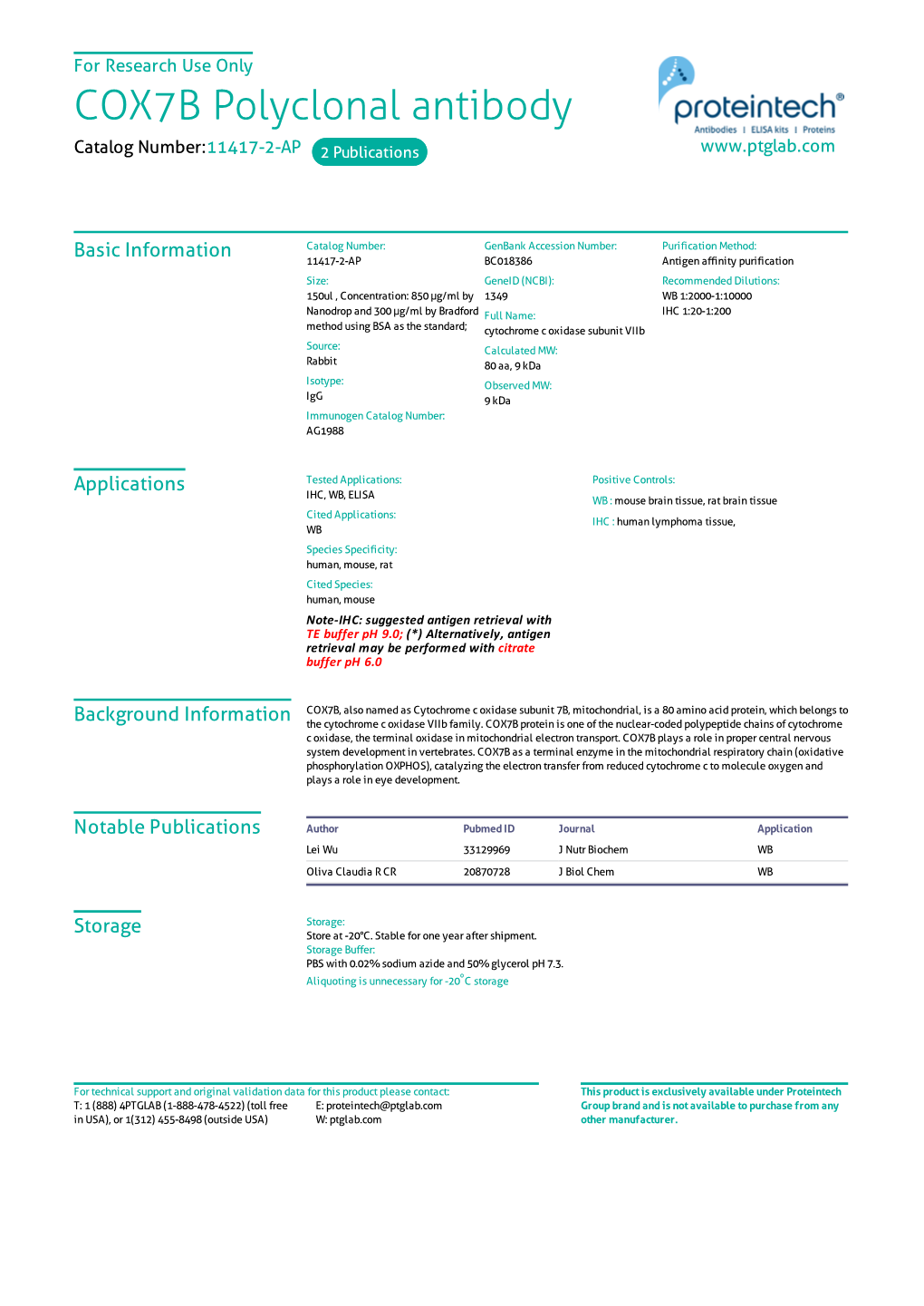 COX7B Polyclonal Antibody Catalog Number:11417-2-AP 2 Publications