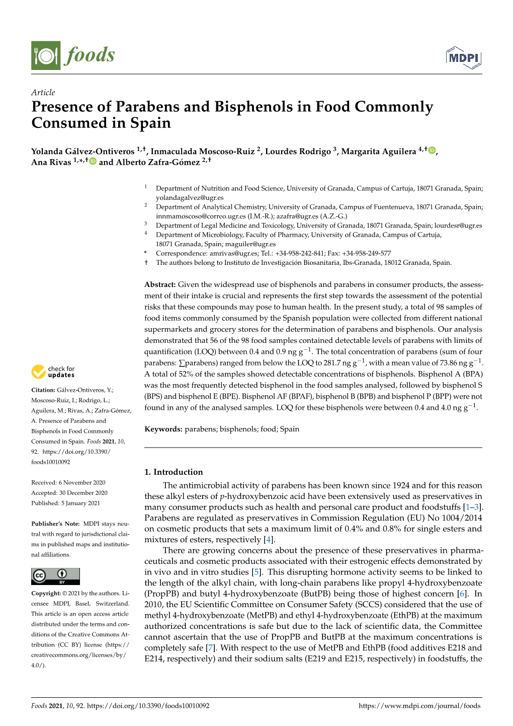 Presence of Parabens and Bisphenols in Food Commonly Consumed in Spain