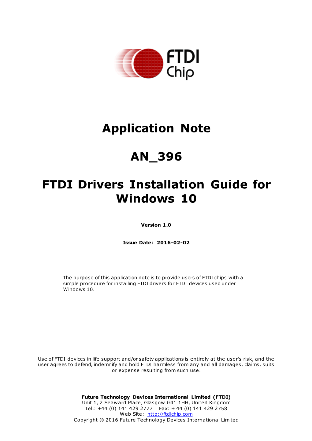 Application Note an 396 FTDI Drivers Installation Guide for Windows 10 V Ers Ion 1 .0