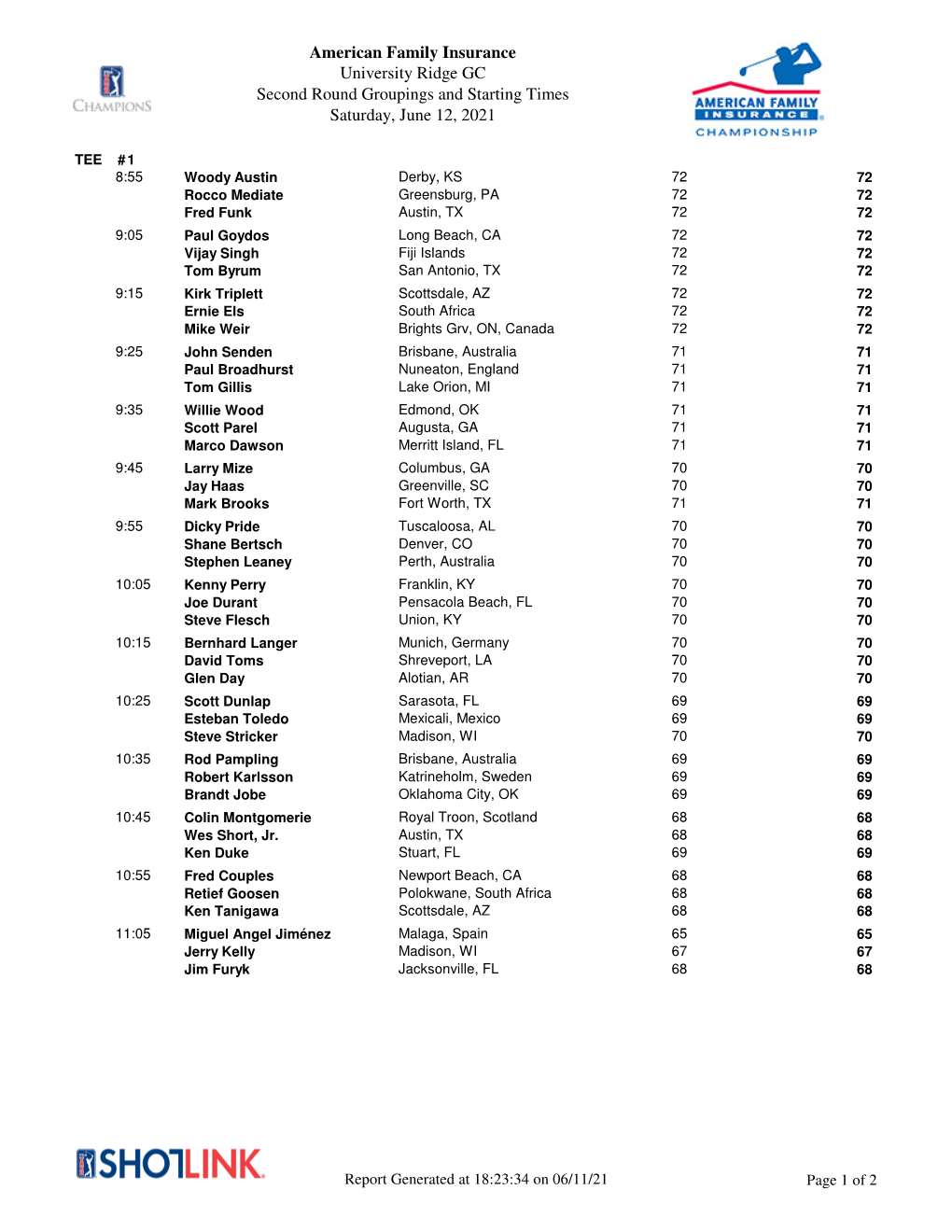 American Family Insurance University Ridge GC Second Round Groupings and Starting Times Saturday, June 12, 2021