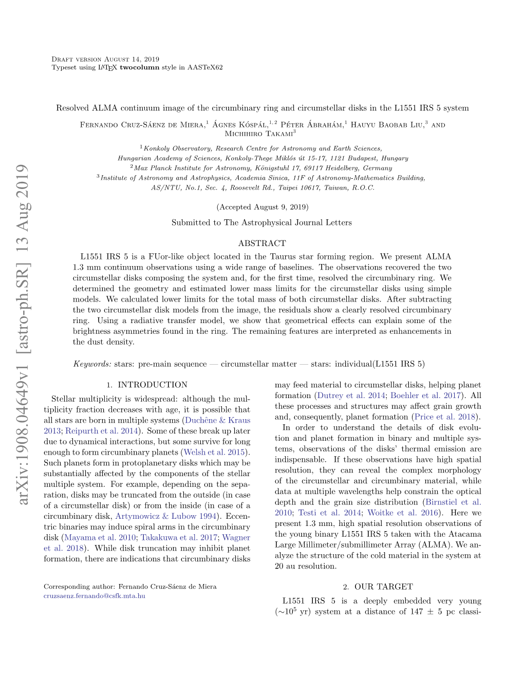 Arxiv:1908.04649V1 [Astro-Ph.SR] 13 Aug 2019 of a Circumstellar Disk) Or from the Inside (In Case of a Depth and the Grain Size Distribution (Birnstiel Et Al