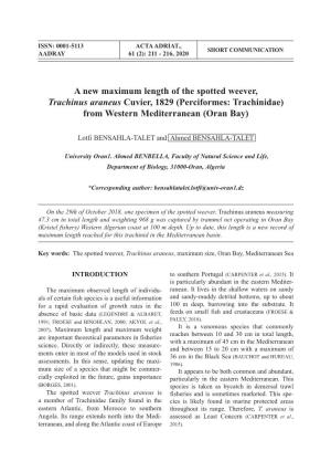 A New Maximum Length of the Spotted Weever, Trachinus Araneus Cuvier, 1829 (Perciformes: Trachinidae) from Western Mediterranean (Oran Bay)