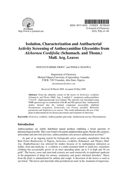 Isolation, Characterization and Antibacterial Activity Screening of Anthocyanidine Glycosides from Alchornea Cordifolia (Schumach