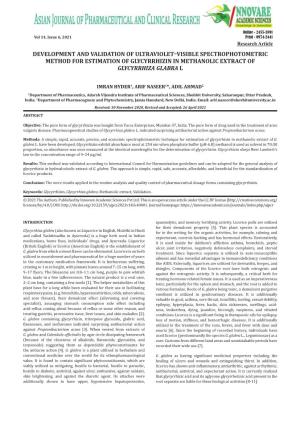 Development and Validation of Ultraviolet–Visible Spectrophotometric Method for Estimation of Glycyrrhizin in Methanolic Extract of Glycyrrhiza Glabra L