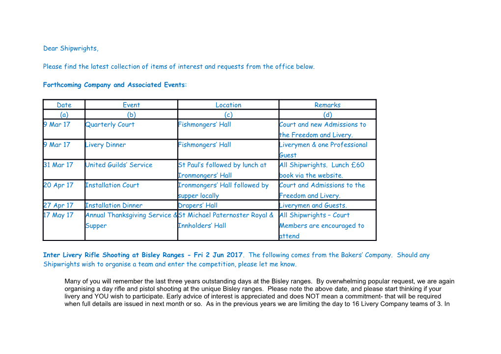 Forthcoming Company and Associated Events