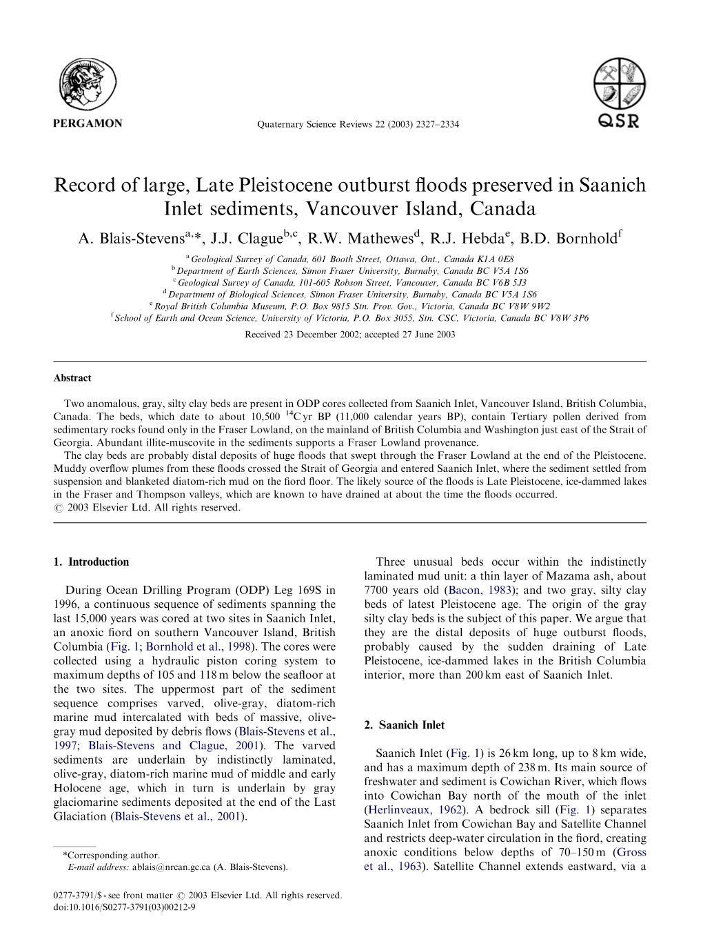 Record of Large, Late Pleistocene Outburst ﬂoods Preserved in Saanich Inlet Sediments, Vancouver Island, Canada A