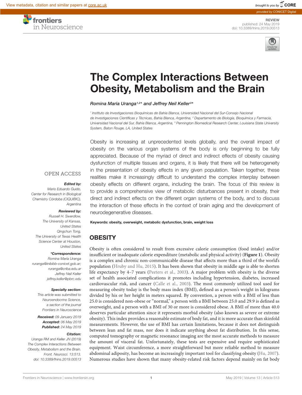 The Complex Interactions Between Obesity, Metabolism and the Brain