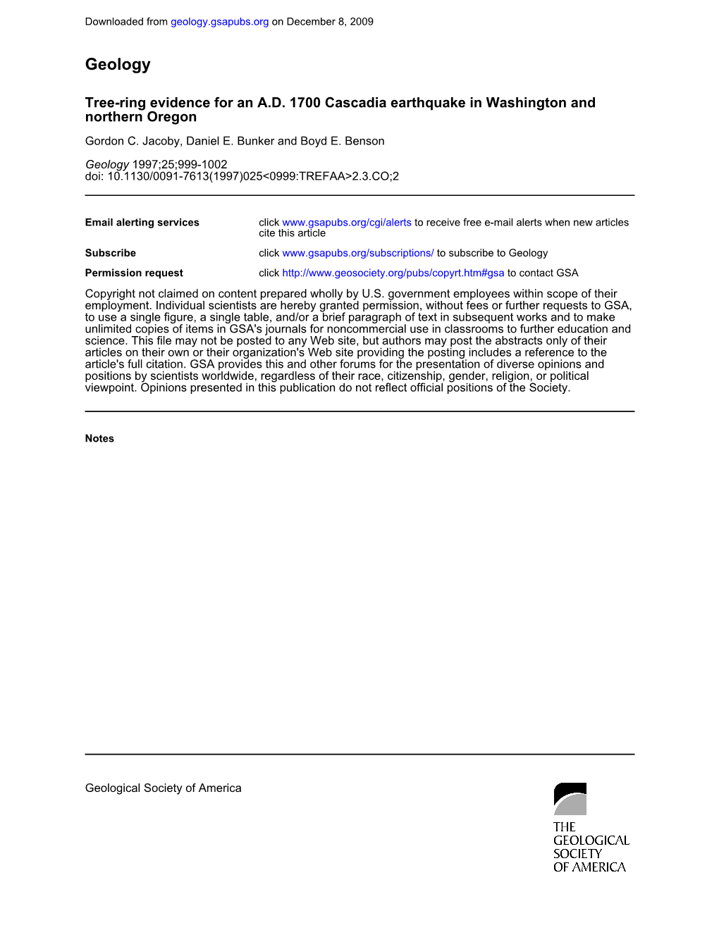 Geology: Tree-Ring Evidence for an A.D. 1700 Cascadia Earthquake In