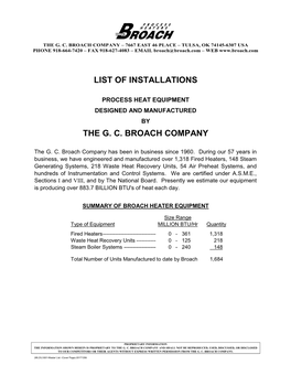 List of Installations the G. C. Broach Company