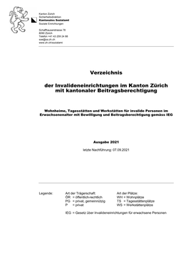 Verzeichnis Invalideneinrichtungen Mit Kantonaler Beitragsberechtigung
