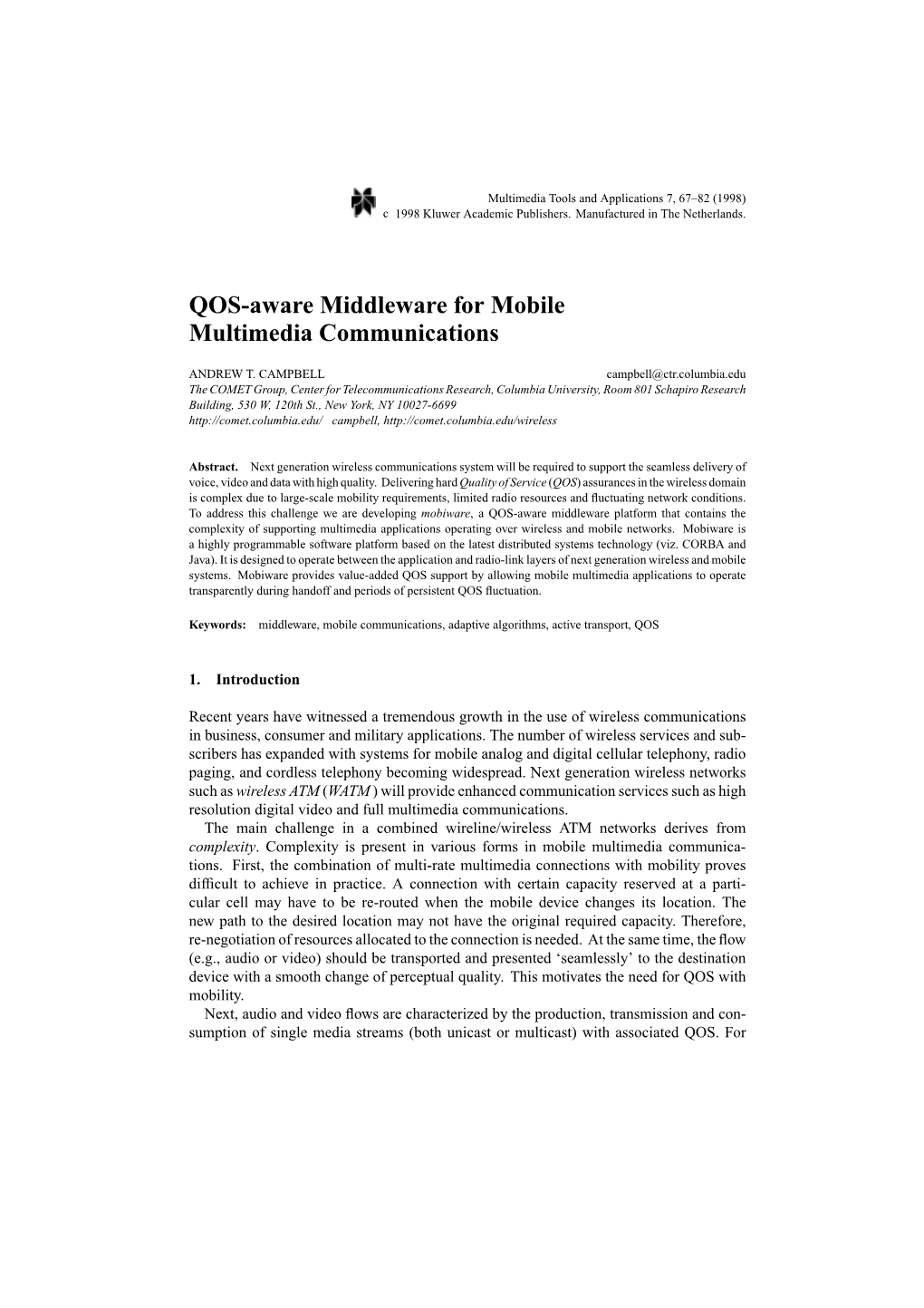 QOS-Aware Middleware for Mobile Multimedia Communications