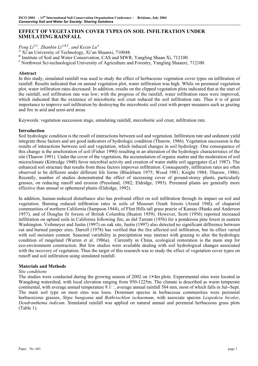 Effect of Vegetation Cover Types on Soil Infiltration Under Simulating Rainfall