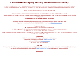 California Orchids Spring Sale 2013 Pre-Sale Order Availability