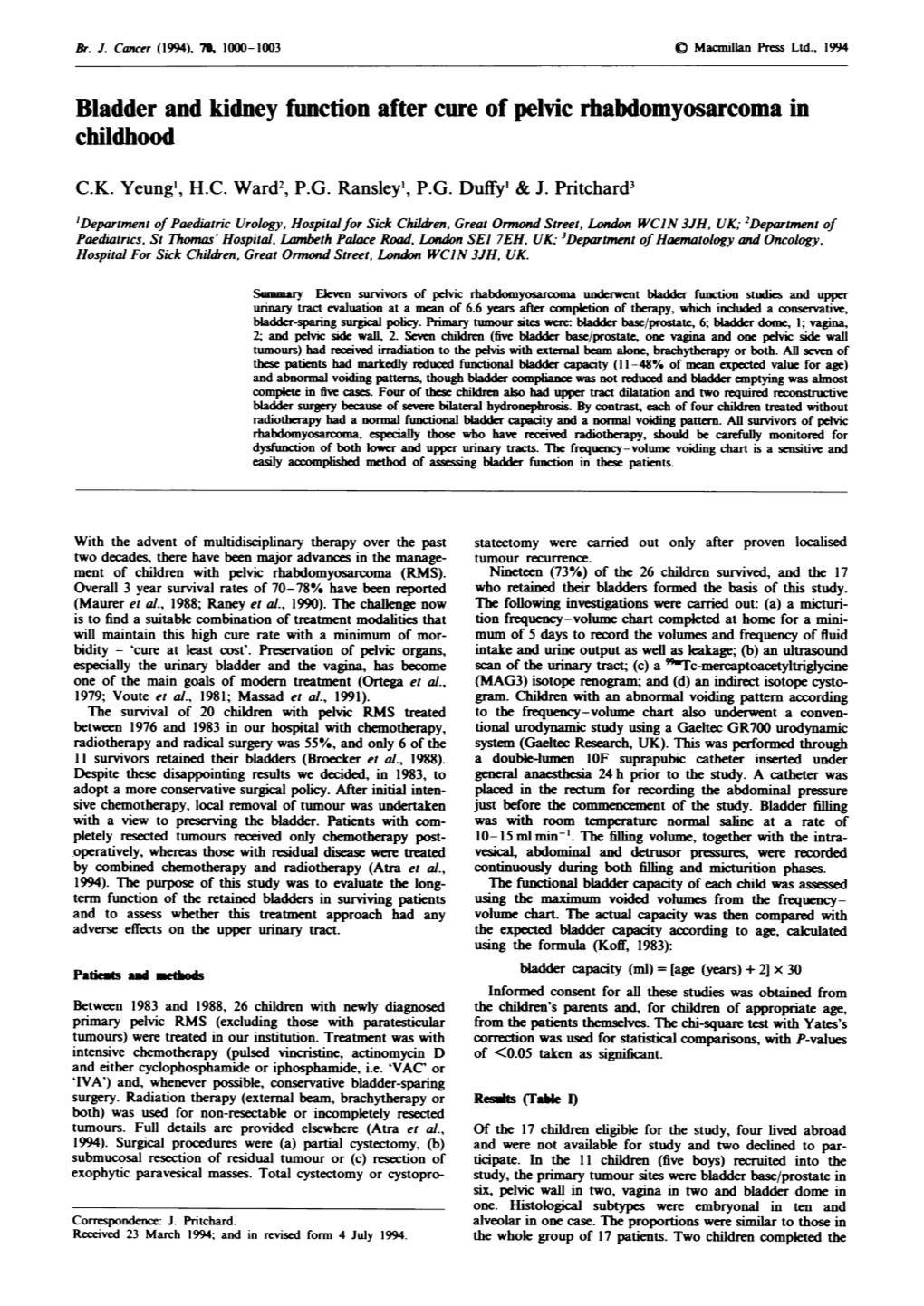 Bladder and Kidney Function After Cure of Pelvic Rhabdomyosarcoma in Childhood