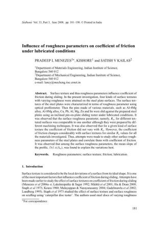 Influence of Roughness Parameters on Coefficient of Friction Under Lubricated Conditions
