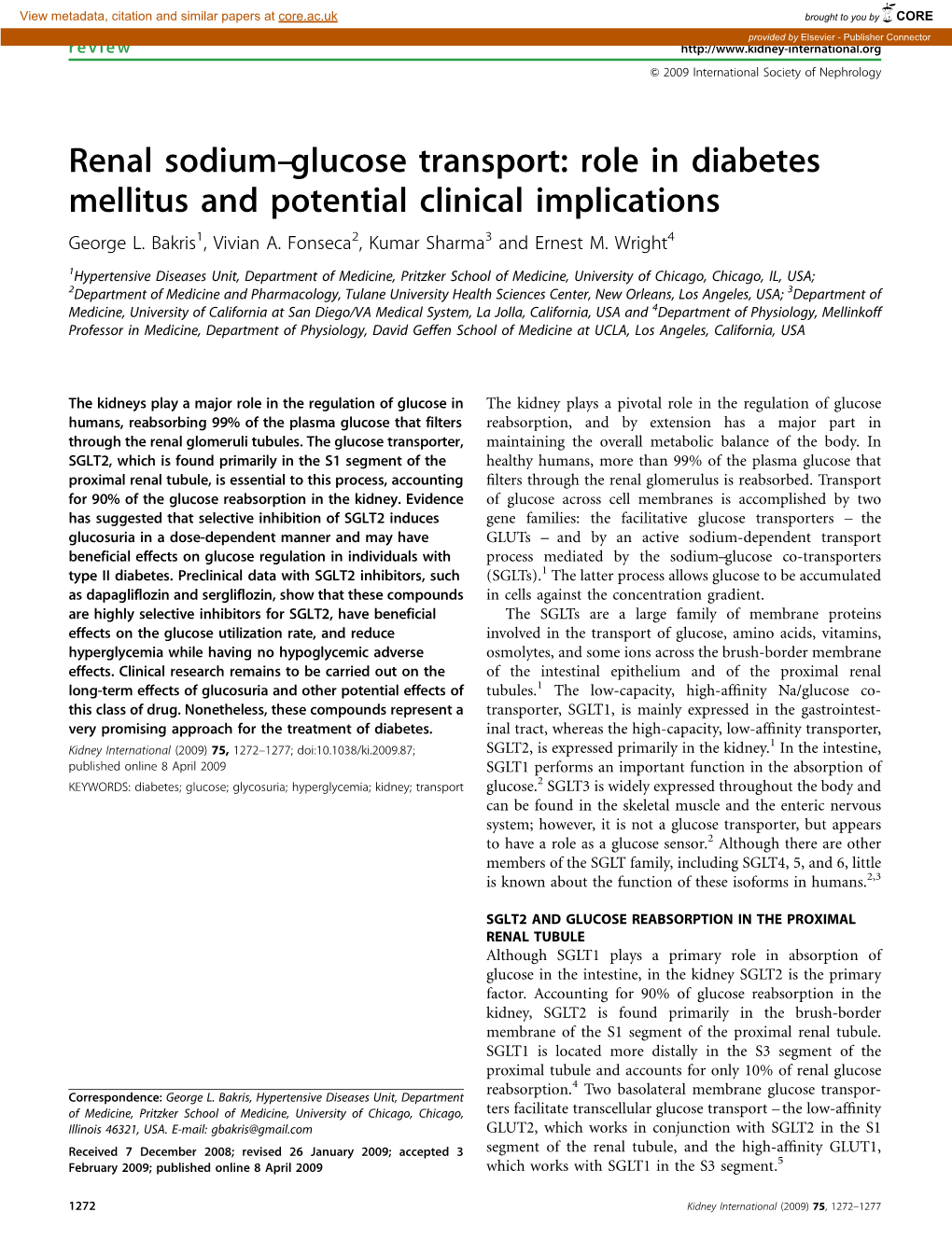 Renal Sodium–Glucose Transport: Role in Diabetes Mellitus and Potential Clinical Implications George L