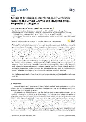 Effects of Preferential Incorporation of Carboxylic Acids on the Crystal Growth and Physicochemical Properties of Aragonite